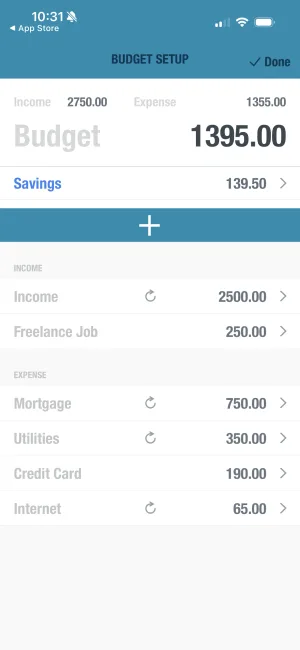BUDGT budget setup screen showing income and expense entry
