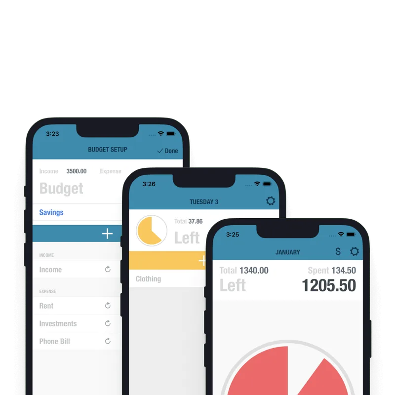 BUDGT app screenshots showing budget setup, daily spending view, and monthly overview